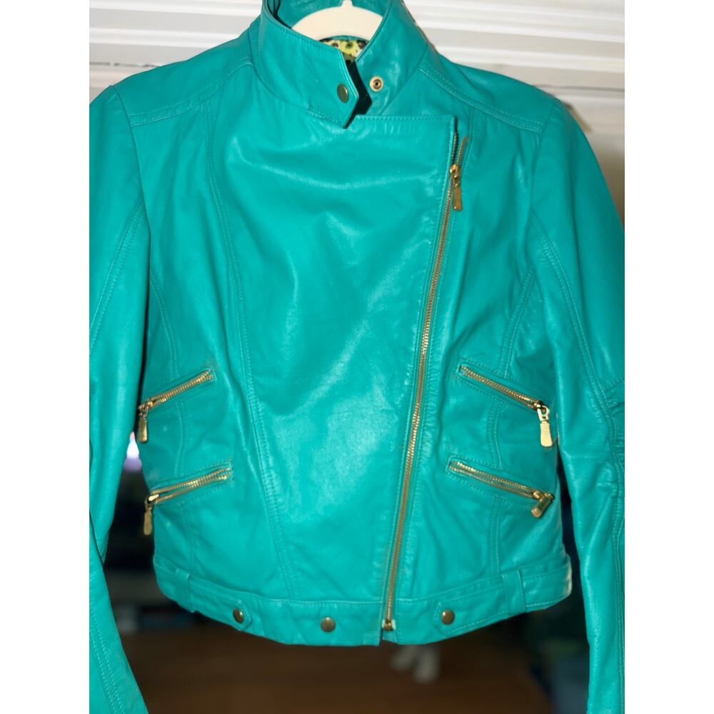 Traphiche Emerald Green Leather Moto Jacket Floral Lined - Picture 2 of 7